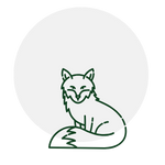 Green outline of a fox, sitting, with closed eyes, in a white circle.