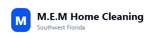 Logo of M.E.M Home Cleaning in Southwest Florida. Blue rounded square with a white "M", and text.