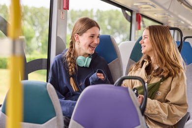 dame zit in treincoupe en werkt op haar laptop