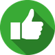 A white thumbs up icon in a green circle with a long shadow.