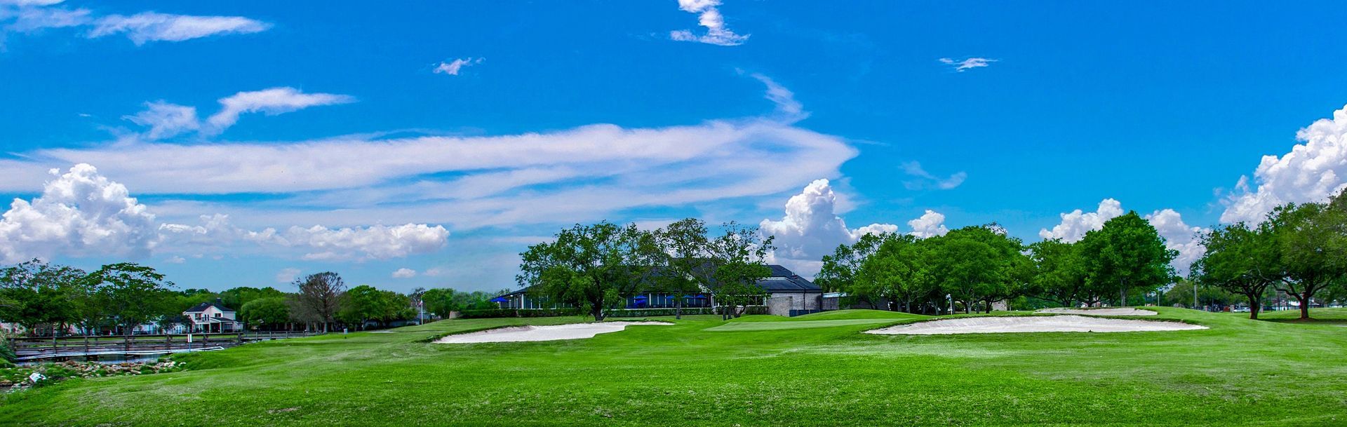 A lush green field with trees and a blue sky in the background.