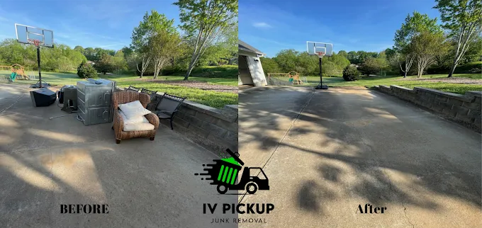 Before-and-after park path cleanup with removed trash and debris, showing a cleaner paved area