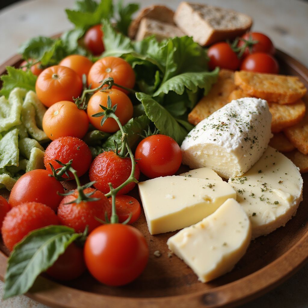 Vassoio di legno con formaggio, pomodori e cracker.