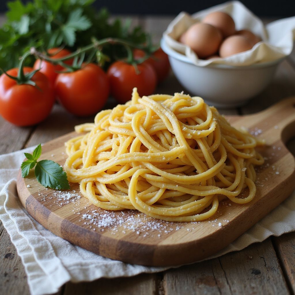 Spaghetti al formaggio su un tagliere di legno, con pomodori, uova e prezzemolo sullo sfondo.