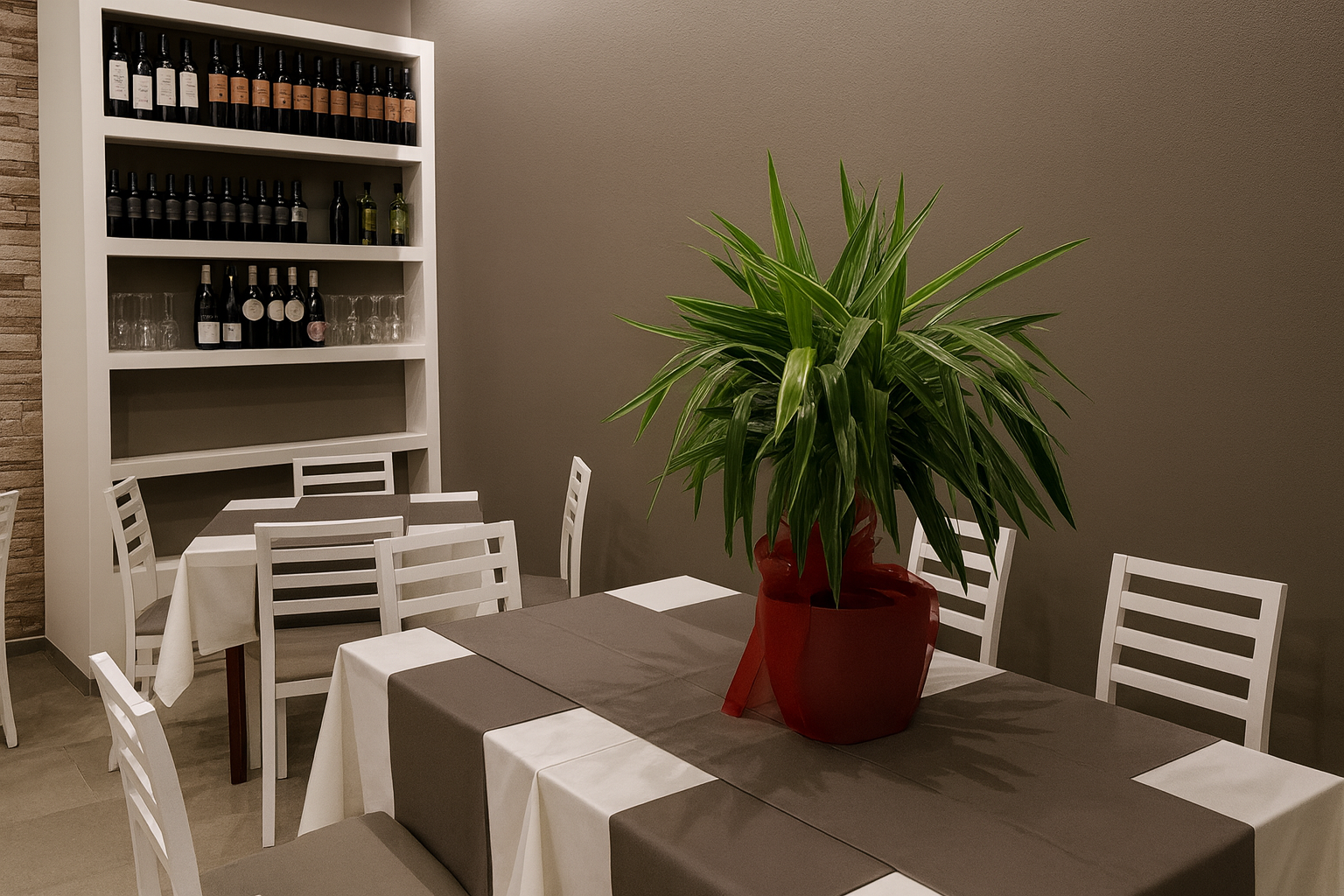 Apparecchiatura del tavolo del ristorante con pianta di aloe, sedie bianche, tovaglia grigia.