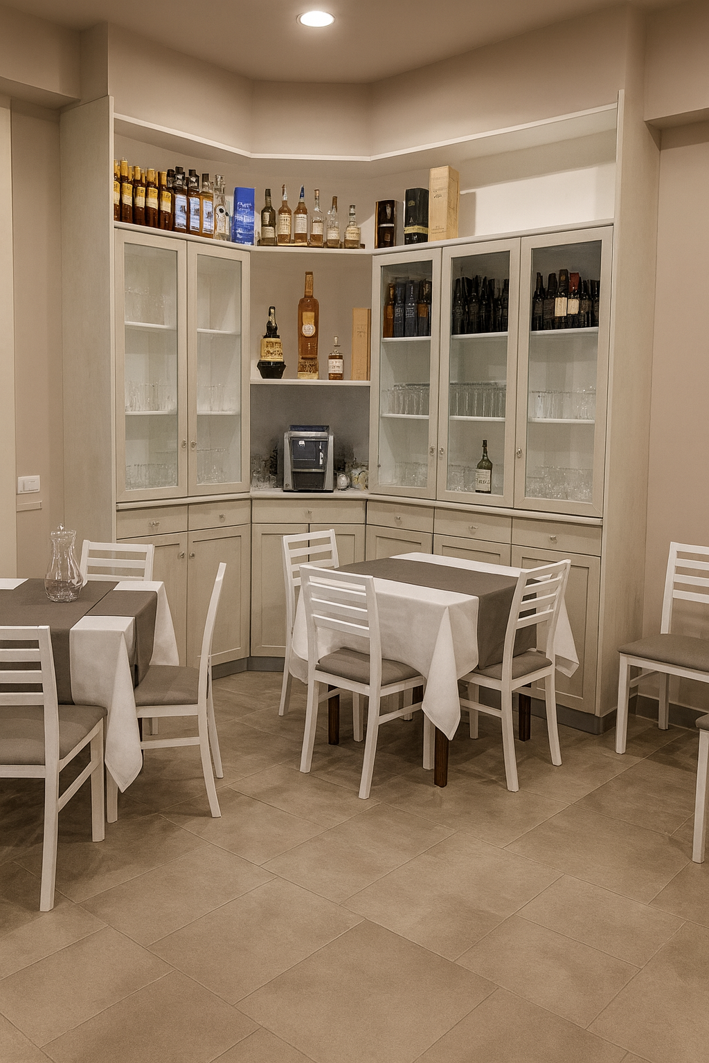 Interno del ristorante con tavoli e sedie bianchi, bottiglie di vino nelle vetrine, colori neutri.