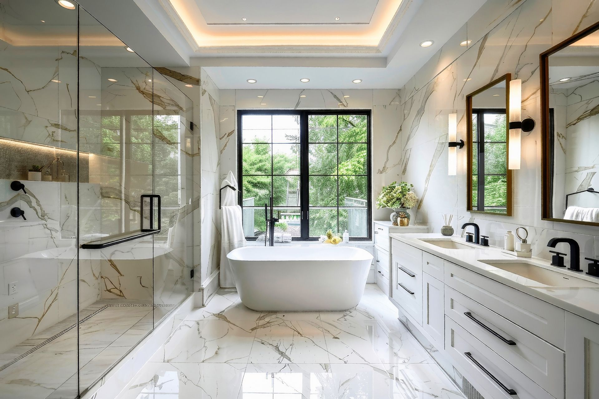 Elegant white marble bathroom with freestanding tub, glass shower, double vanity, and large window