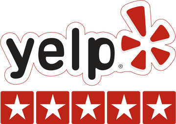 Yelp logo with red starburst and five red stars on white background