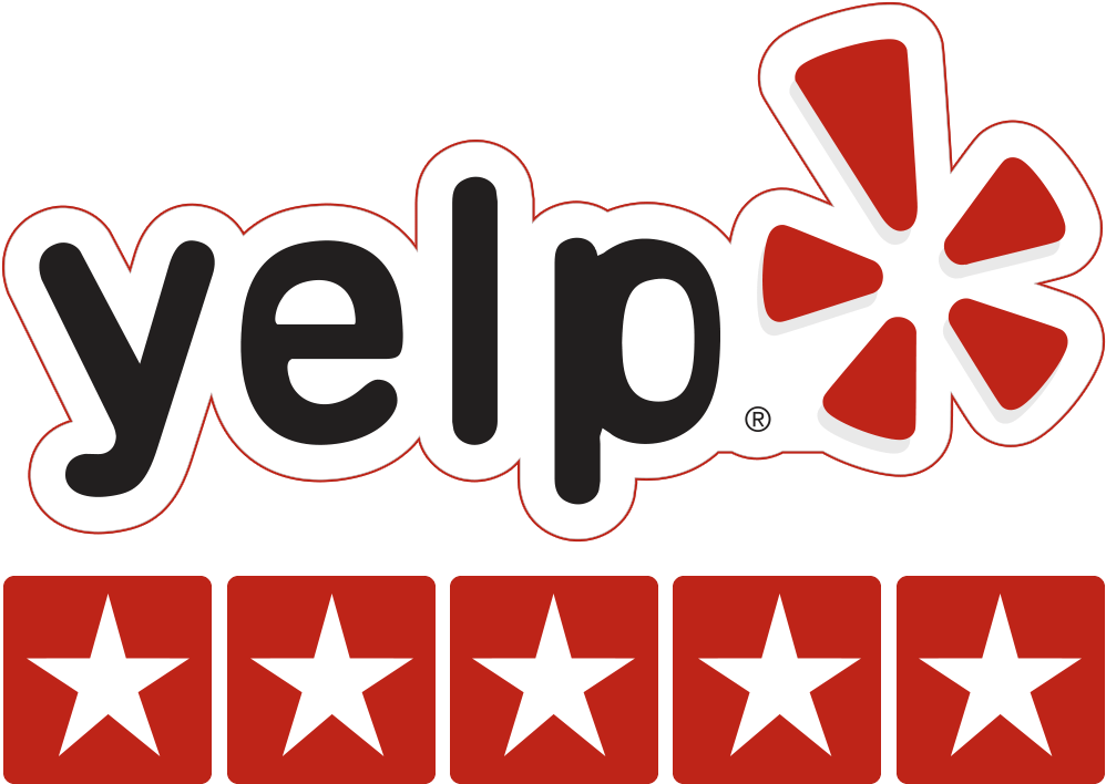 Yelp logo with red starburst and five red stars on white background