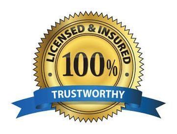 Gold seal badge reading “Licensed & Insured 100% Trustworthy” with a blue ribbon.