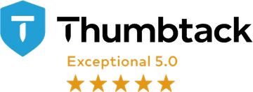 Thumbtack logo with blue shield icon, black wordmark, and orange “Exceptional 5.0” star rating