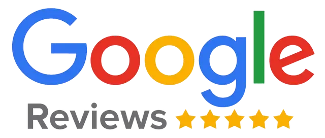 Google Reviews logo with colorful Google text, gray “Reviews,” and five gold stars
