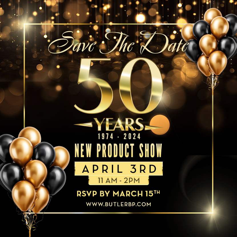 a save the date for a 50th anniversary new product show