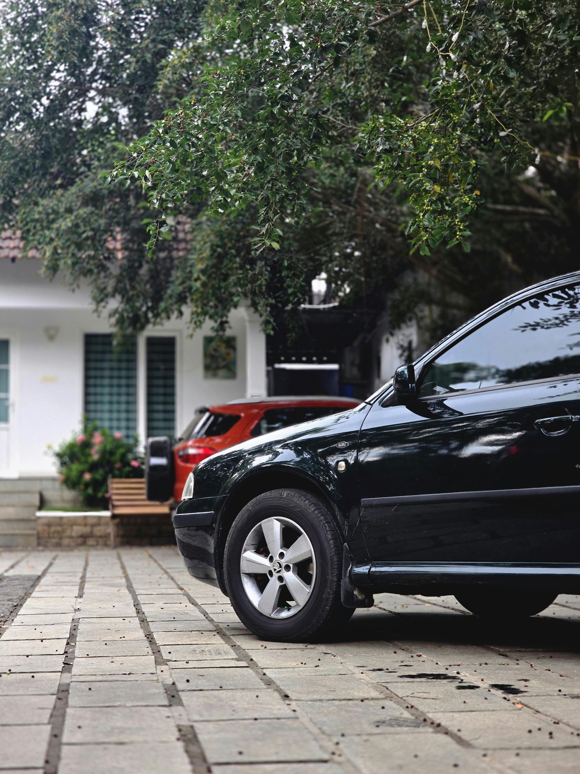 Black SUV parked on a stone driveway in front of a house and large tree.