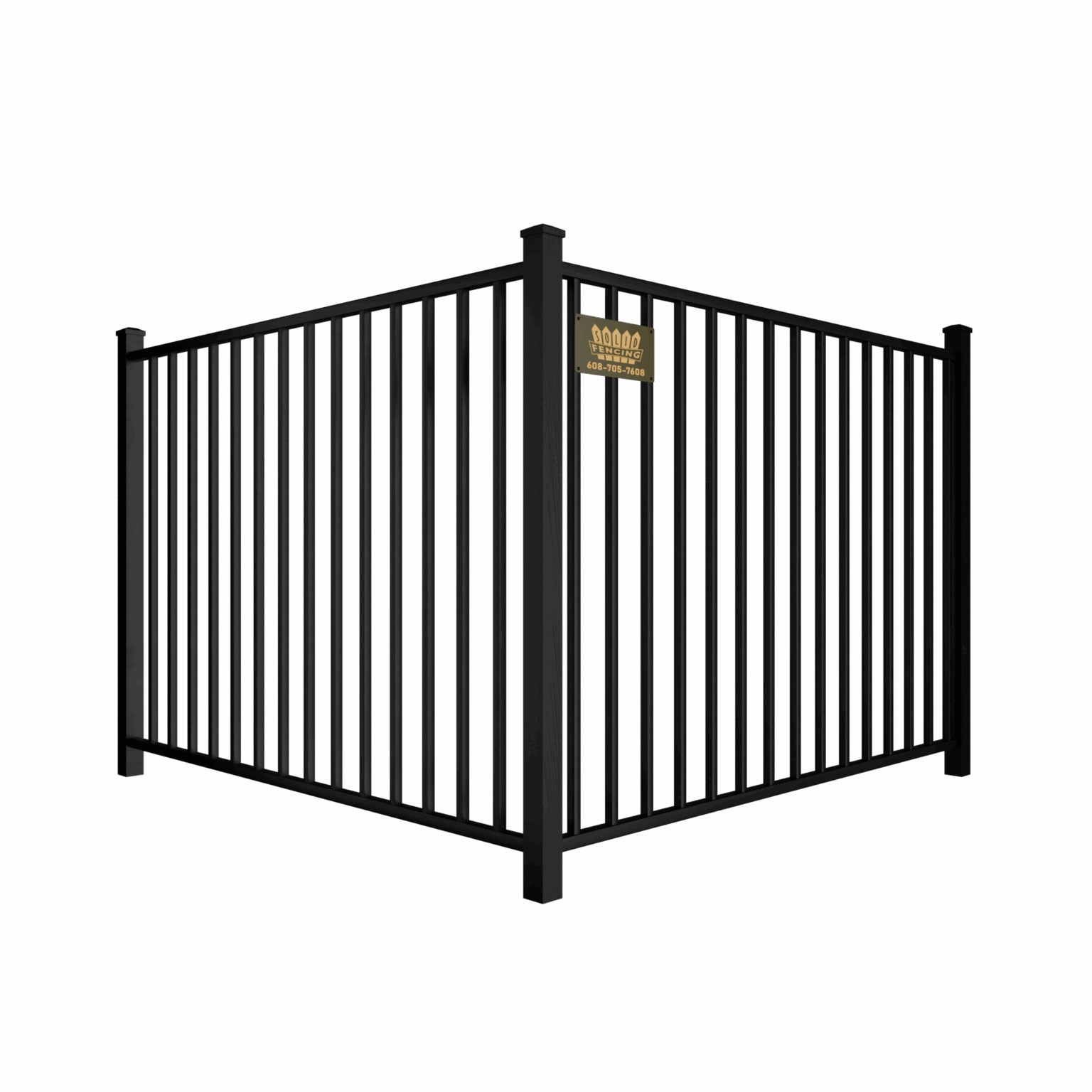 Black aluminum fence corner. Vertical bars, decorative posts, and a gold plate.