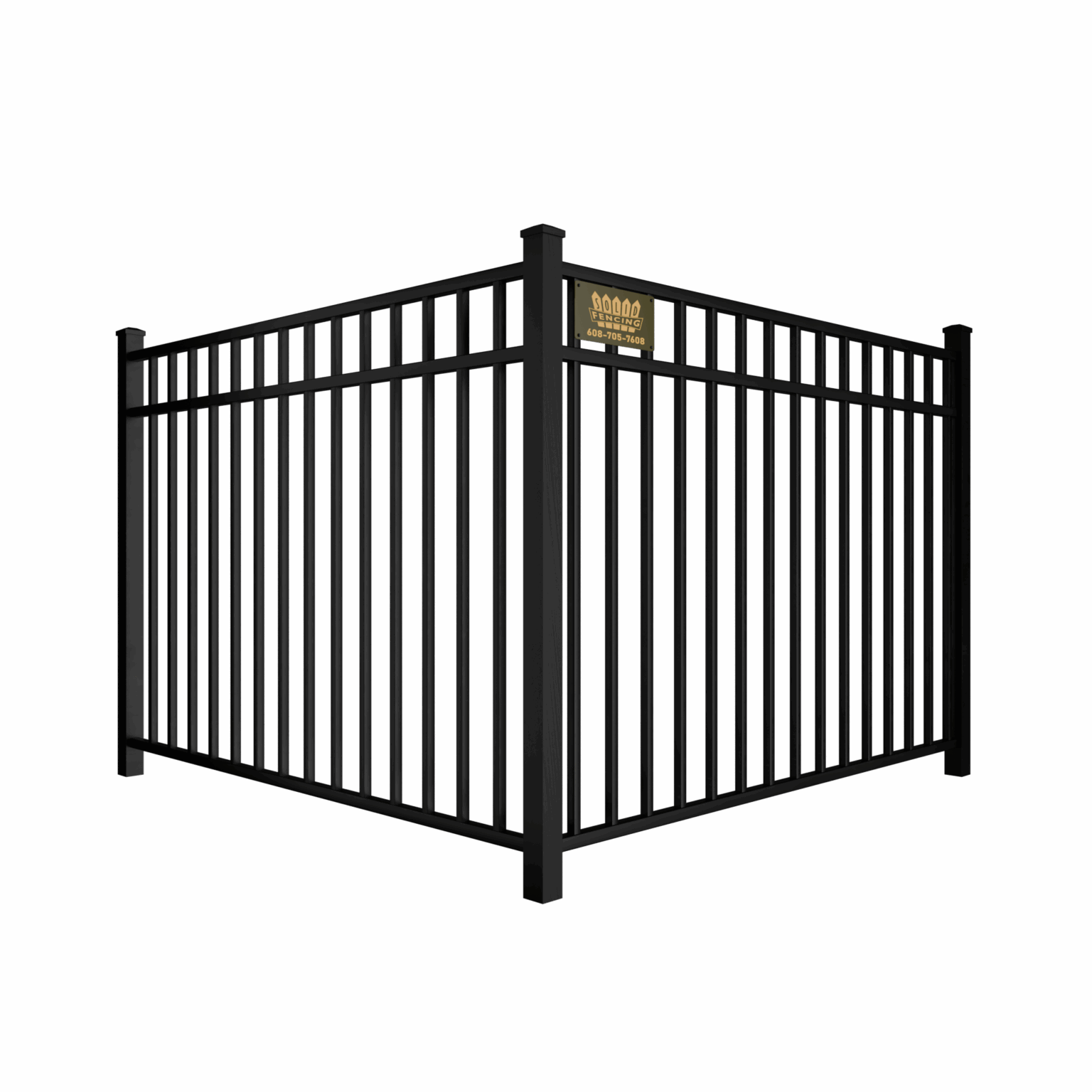 Black aluminum fence corner with vertical bars.