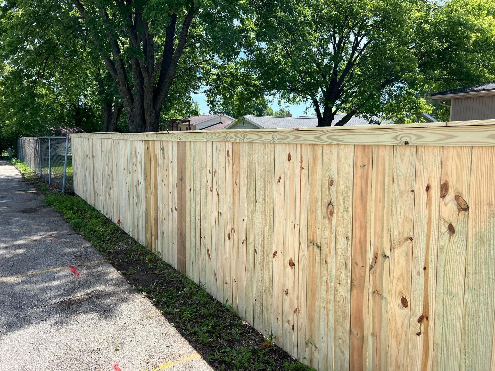 Wooden fence along a narrow grassy strip beside a paved area, trees in background.