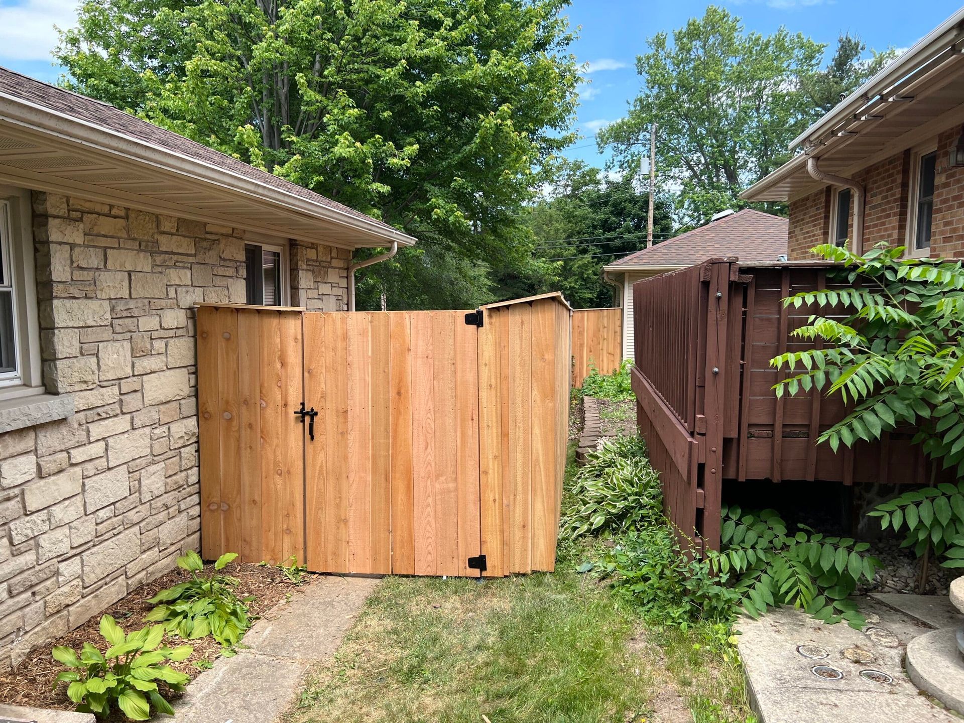 A wooden fence with gate, between two brick buildings, with green bushes and grass.