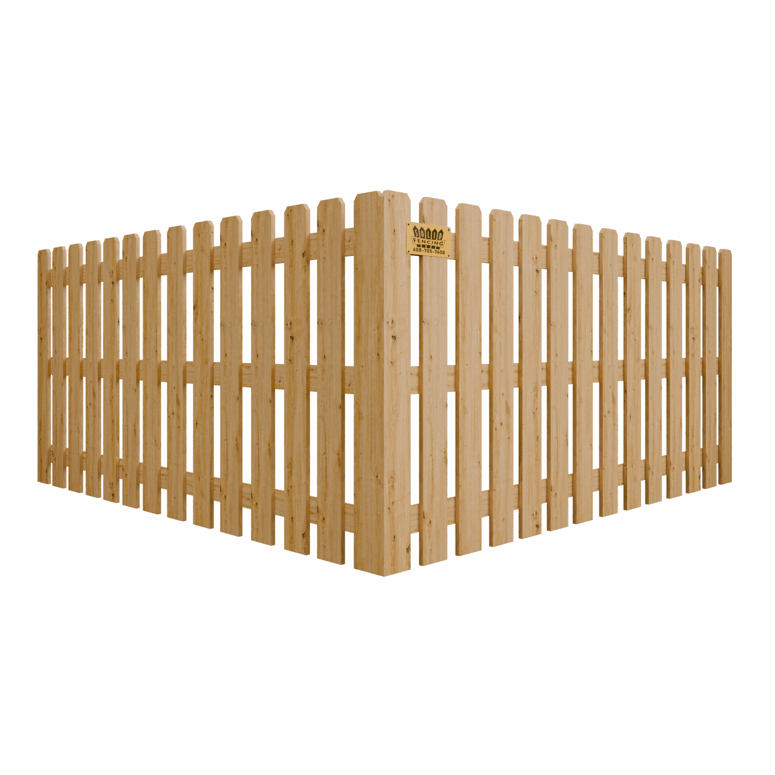 Wooden picket fence forming a corner on a white background.