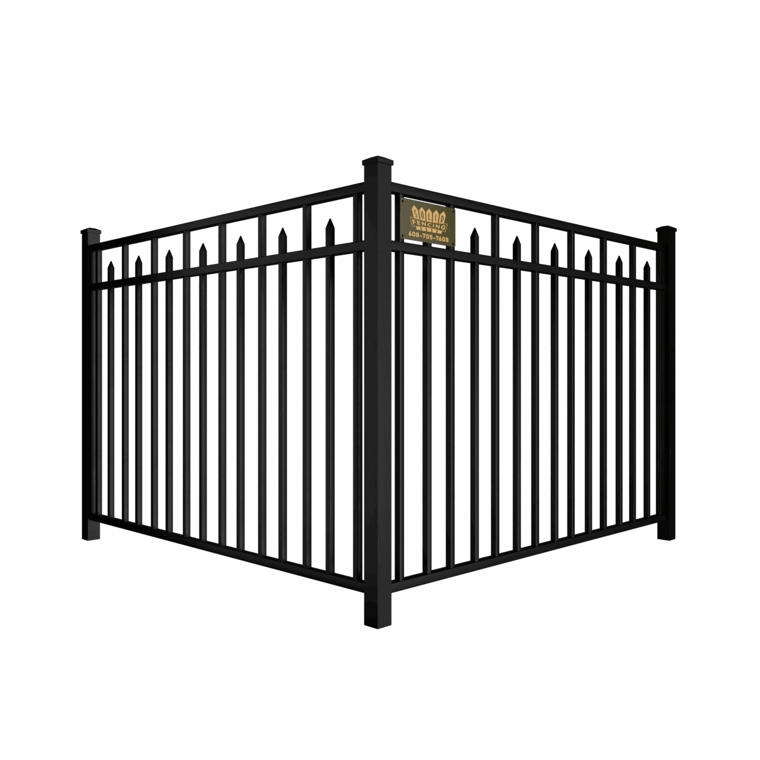 Black metal fence corner with vertical bars and a decorative plaque.