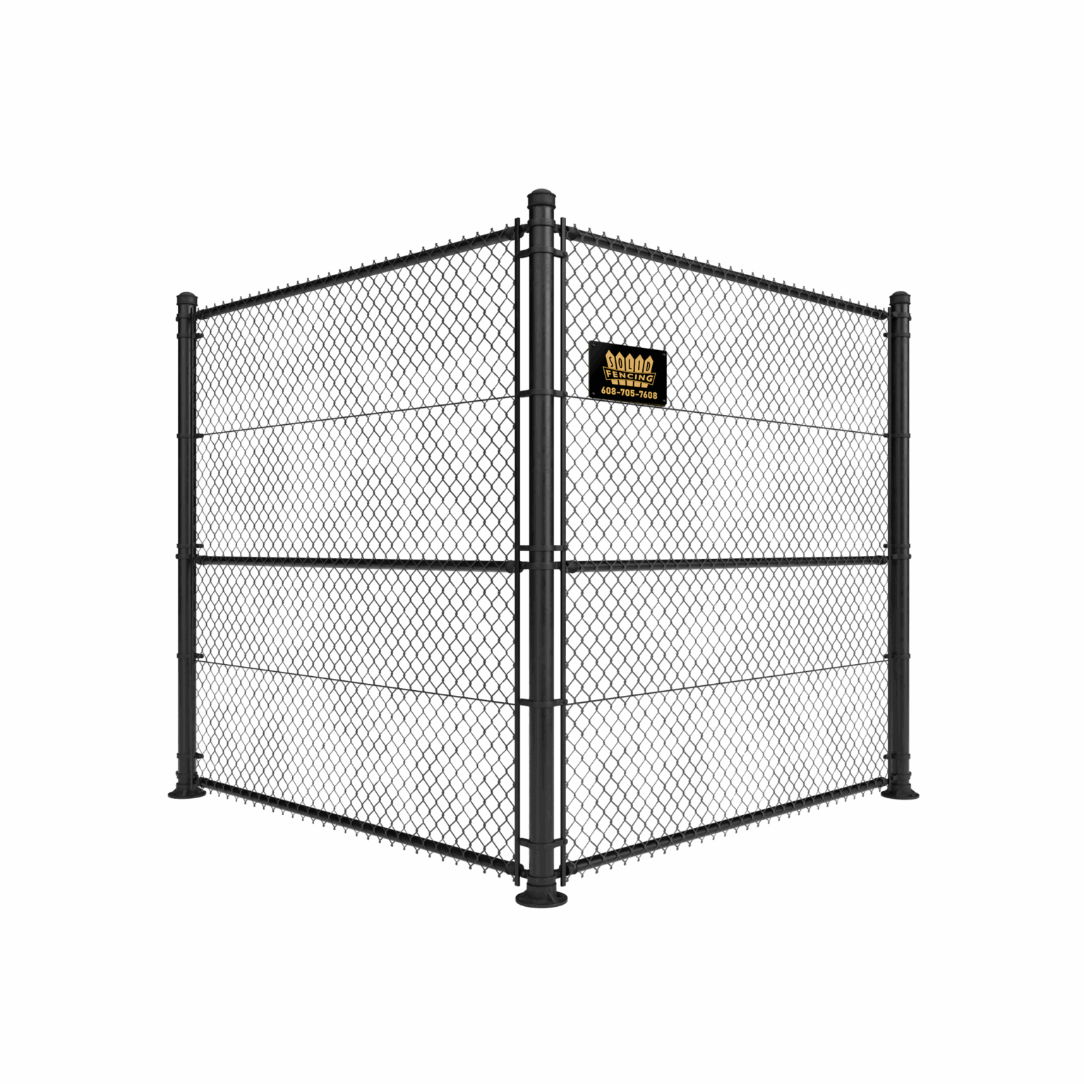 Black chain-link fence corner, with black posts and horizontal bars. Yellow sign on the fence.