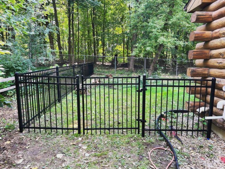 Black metal fence encloses a small grassy area near a log cabin; forest in the background.
