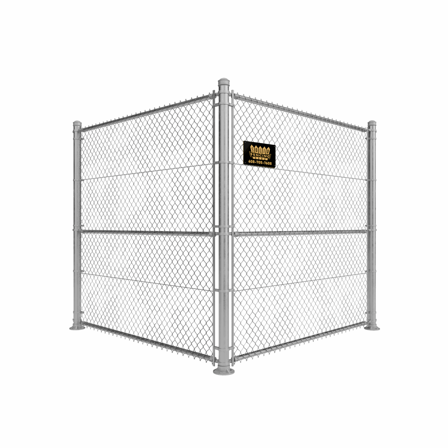 Chain-link fence corner, silver posts and fencing, yellow sign on one panel, white background.