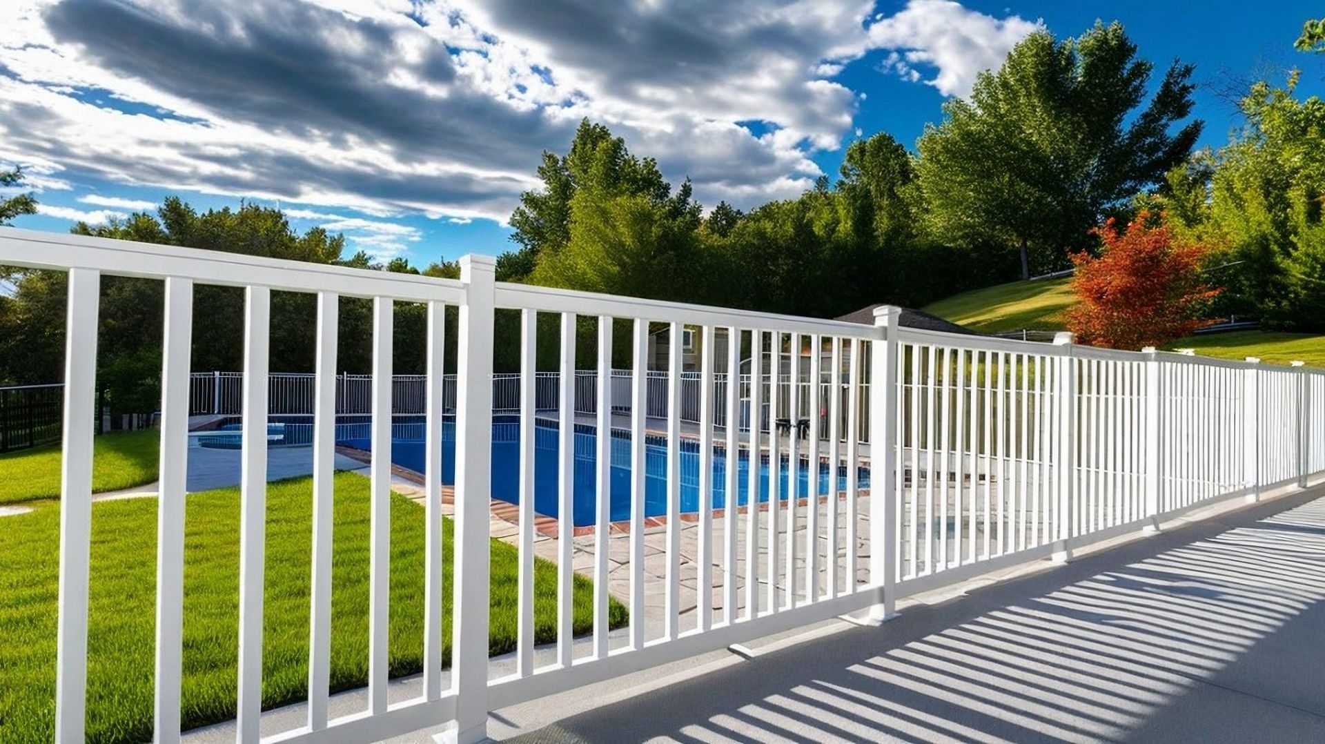 White picket fence surrounds a pool with a bright blue interior, lush green grass, and a cloudy sky.