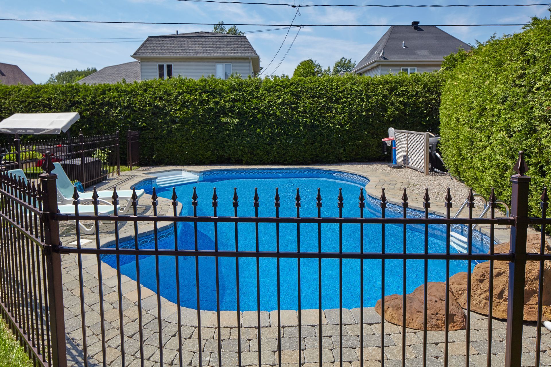 A backyard pool enclosed by a black metal fence, with green hedges and houses in the background.
