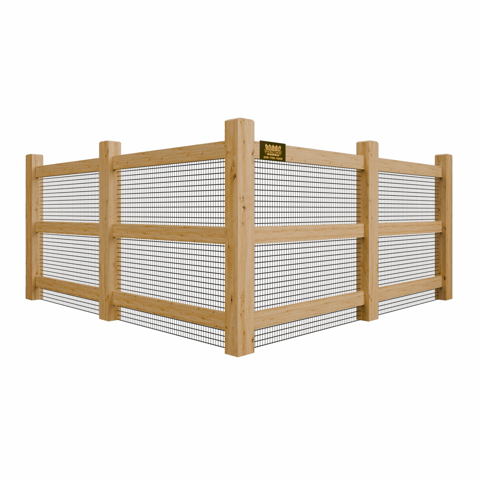 Wooden fence with wire mesh backing, corner view.