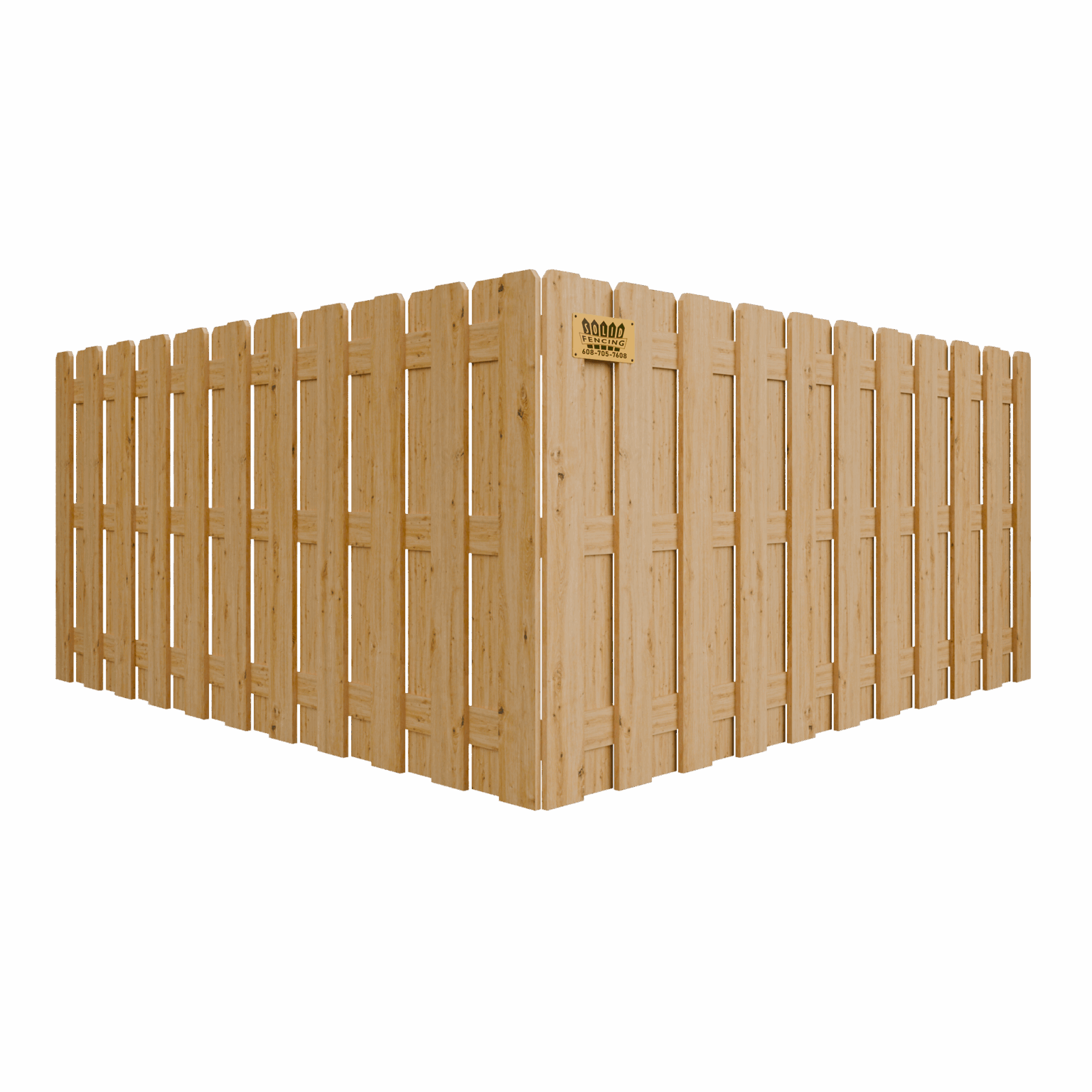 Wooden picket fence forming a corner. Light brown wood, connected by horizontal beams.