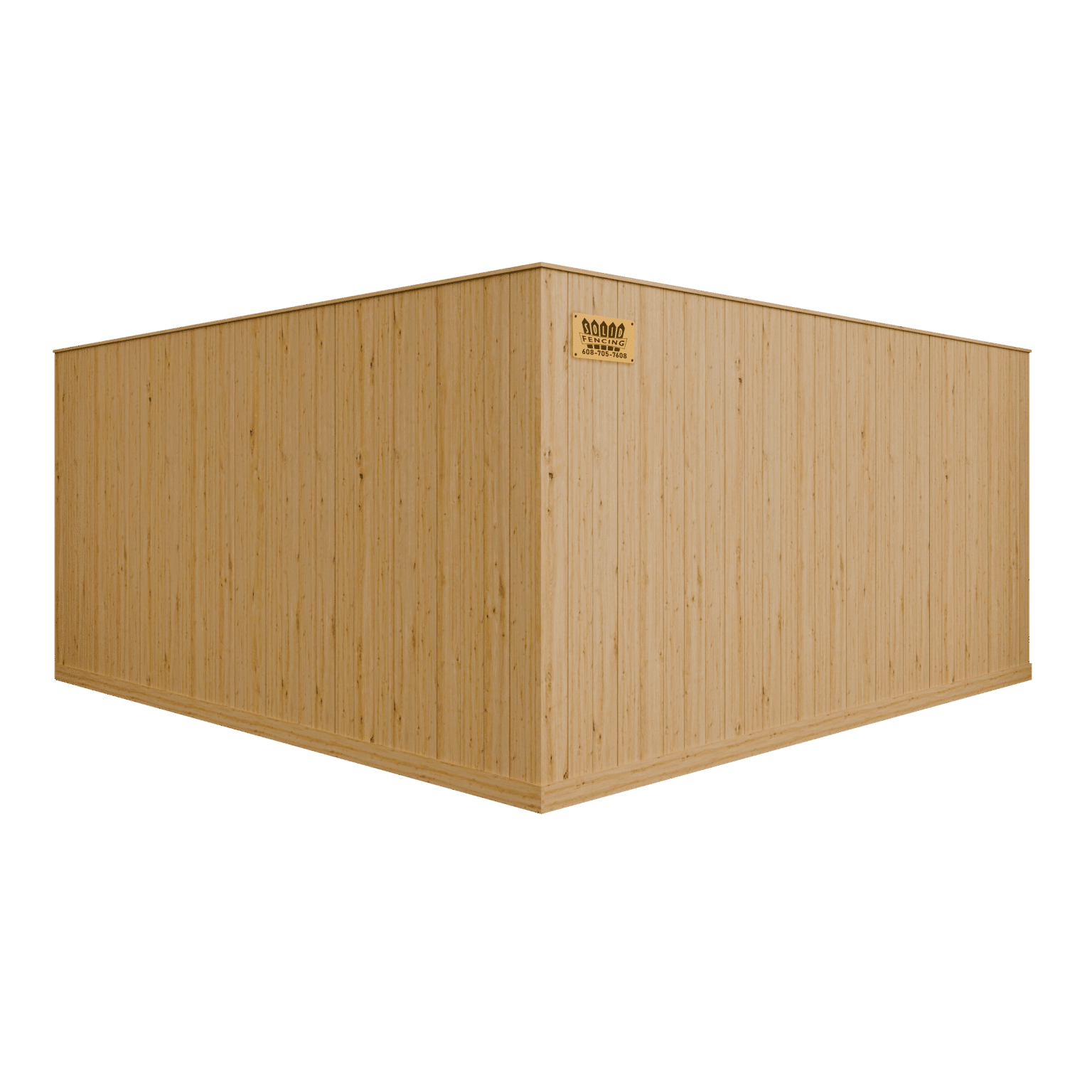 Wooden corner wall with vertical planks, natural wood color.