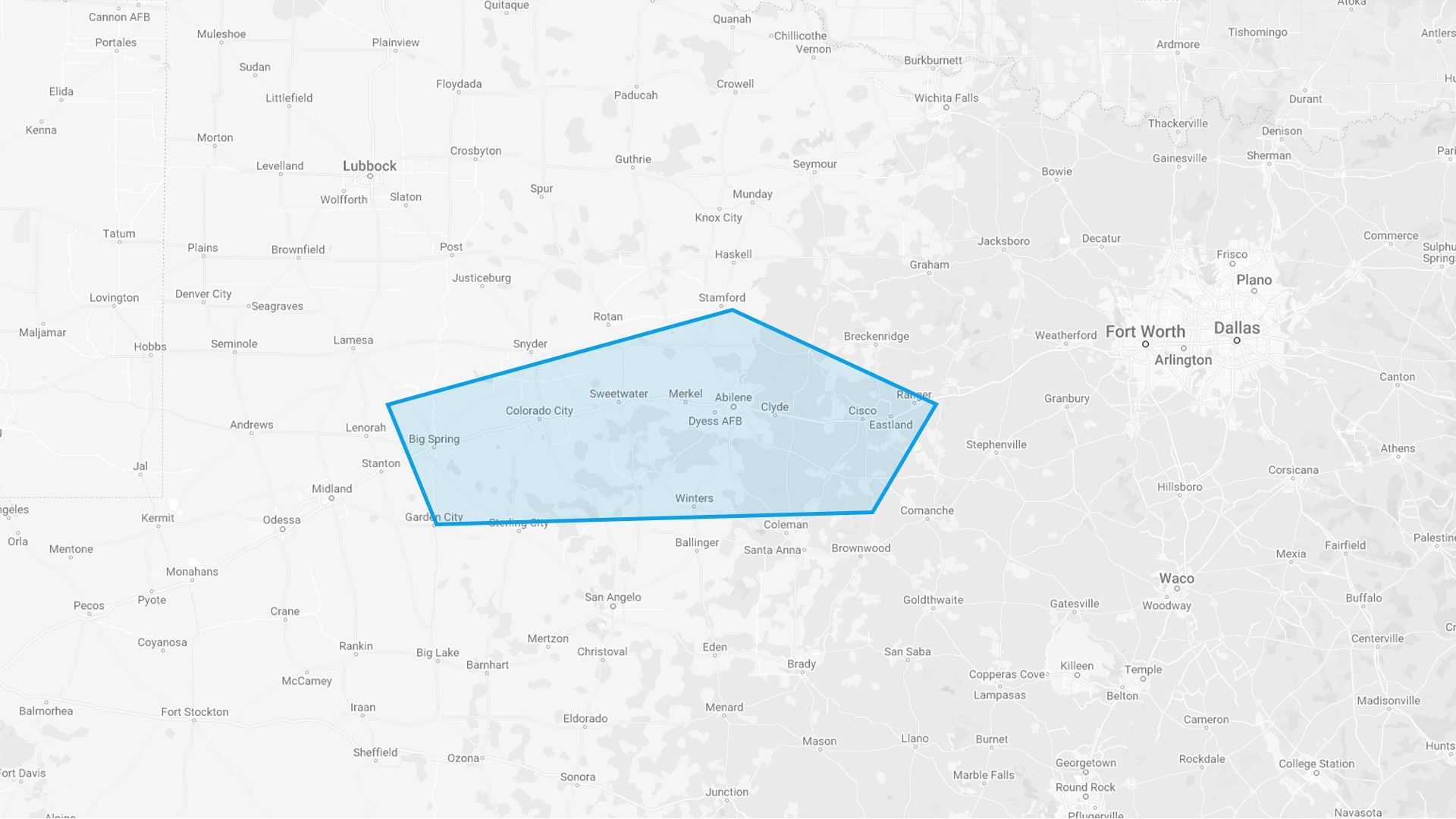 A map showing a light blue polygon in the center, with numerous place names surrounding it.