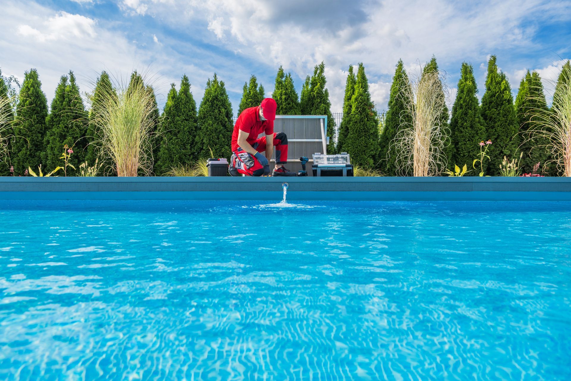 Man in red shirt repairing equipment by a blue swimming pool. Lush green trees and cloudy sky in the background.