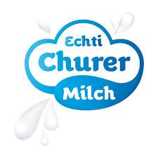 Logo für Echt Churer Milch (Milch): blaue Wolkenform mit weißer Schrift und Milchtropfen-Akzenten.