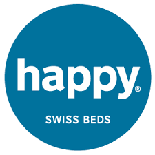 Logo für Happy Swiss Beds: Weißer Text „happy“ mit einem Punkt in einem blauen Kreis; darunter „SWISS BEDS“.