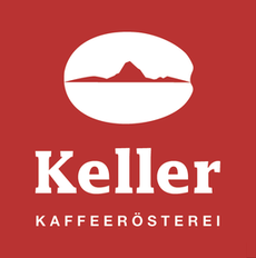 Logo für Keller KaffeeRösterei: Weißer Text auf rotem Hintergrund; Kaffeebohnenform mit Bergsilhouette.