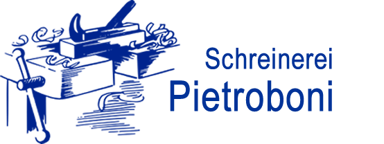 Logo einer Tischlerei: Holzbearbeitungswerkzeuge und Text „Schreinerei Pietroboni“ in Blau.