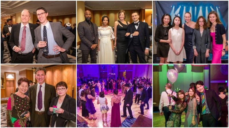 People in formal attire at an event, including dancing and posing for photos.