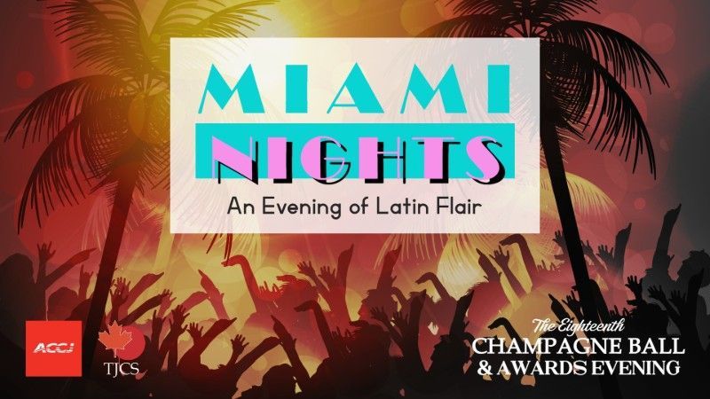 A poster for the Champagne Ball with a Miami Nights theme.