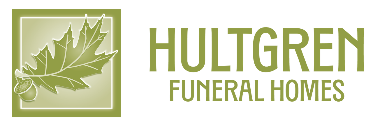 Logo for Hultgren Funeral Homes: green oak leaf inside a square, company name and "Funeral Homes".