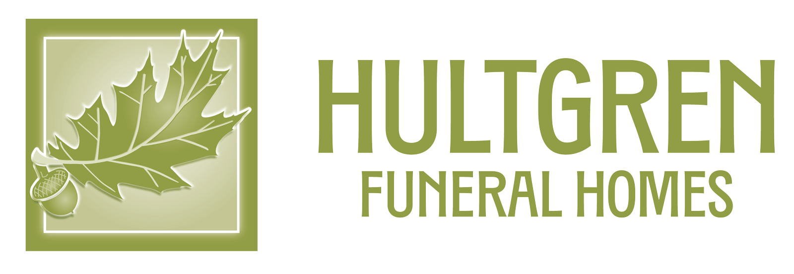 Logo for Hultgren Funeral Homes: green leaf and acorn in a box, text