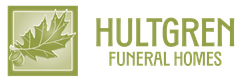 Logo for Hultgren Funeral Homes: green oak leaf inside a square, company name and "Funeral Homes".