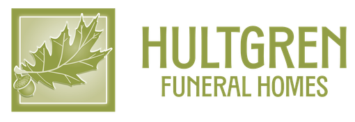 Logo for Hultgren Funeral Homes: green leaf and acorn in a box, text 