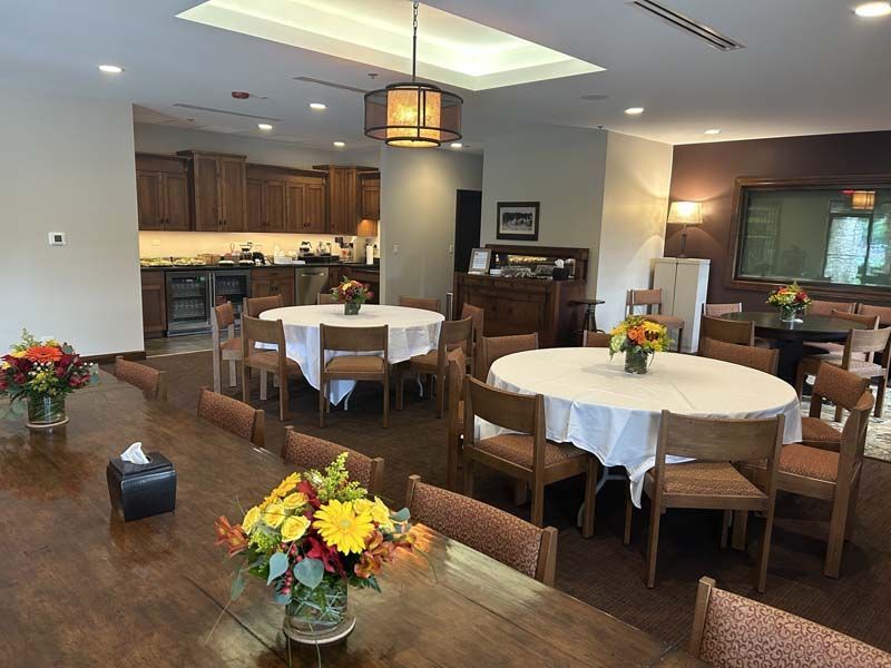 Exterior and interior photos of Hultgren Funeral Home and Cremation Center Carol Stream Location