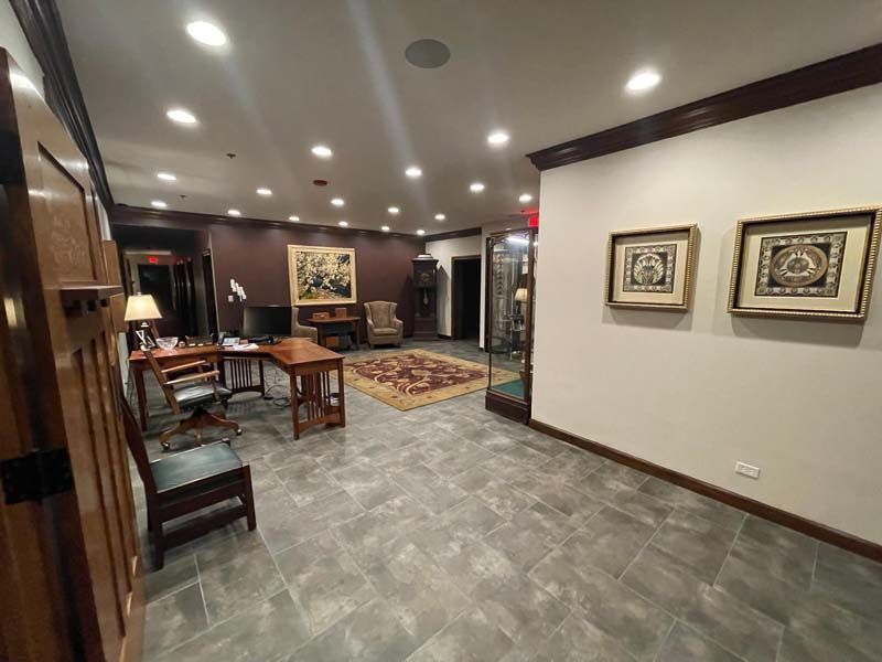 Exterior and interior photos of Hultgren Funeral Home and Cremation Center Carol Stream Location