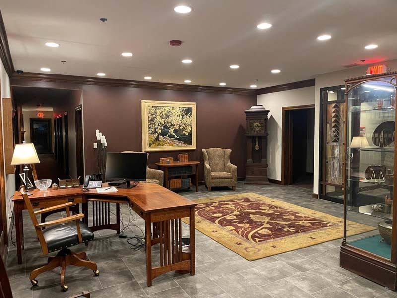 Exterior and interior photos of Hultgren Funeral Home and Cremation Center Carol Stream Location