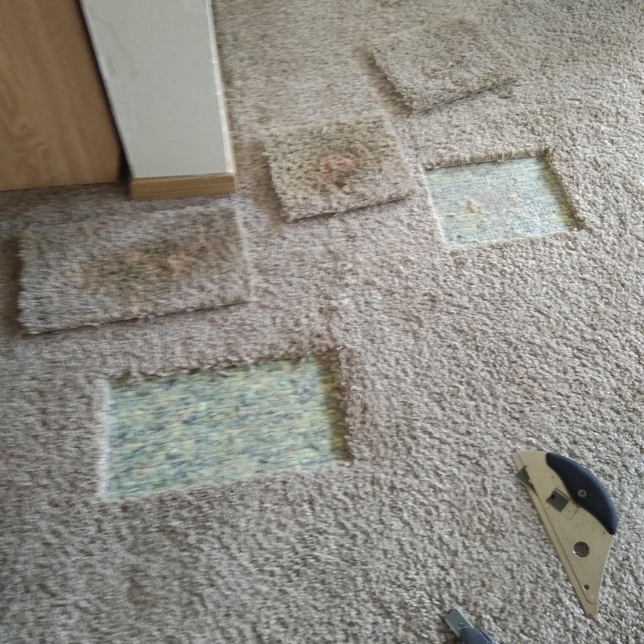 There are a lot of pieces of carpet on the floor.