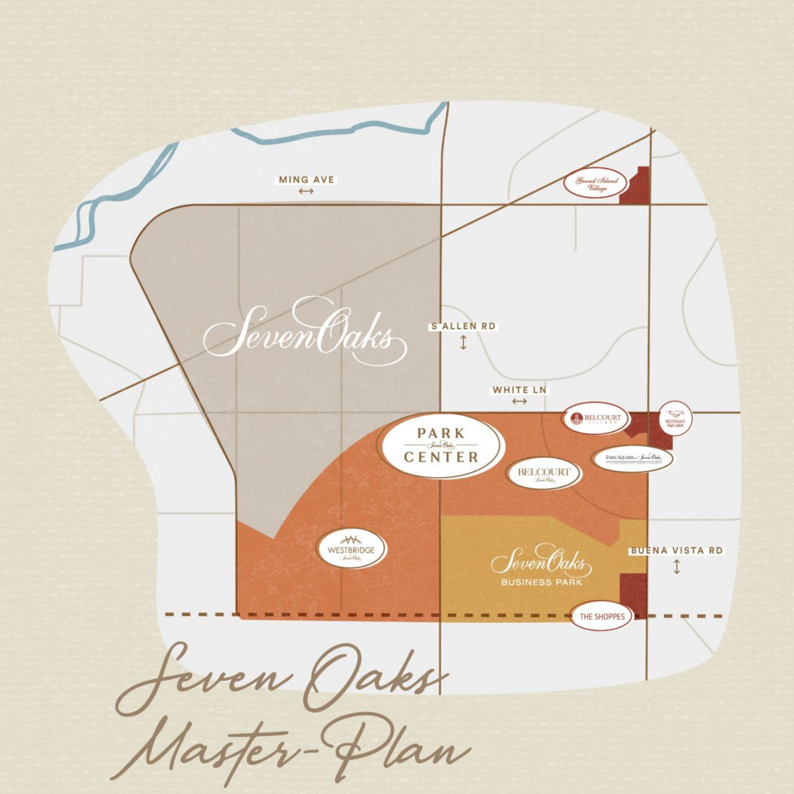 Seven Oaks master plan map; brown and beige color scheme with labeled areas and roads.