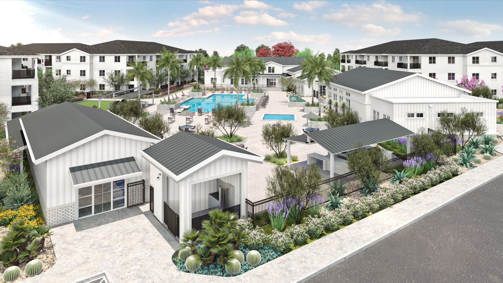 A living room with a couch , table and chairs and a plant in the foreground.
